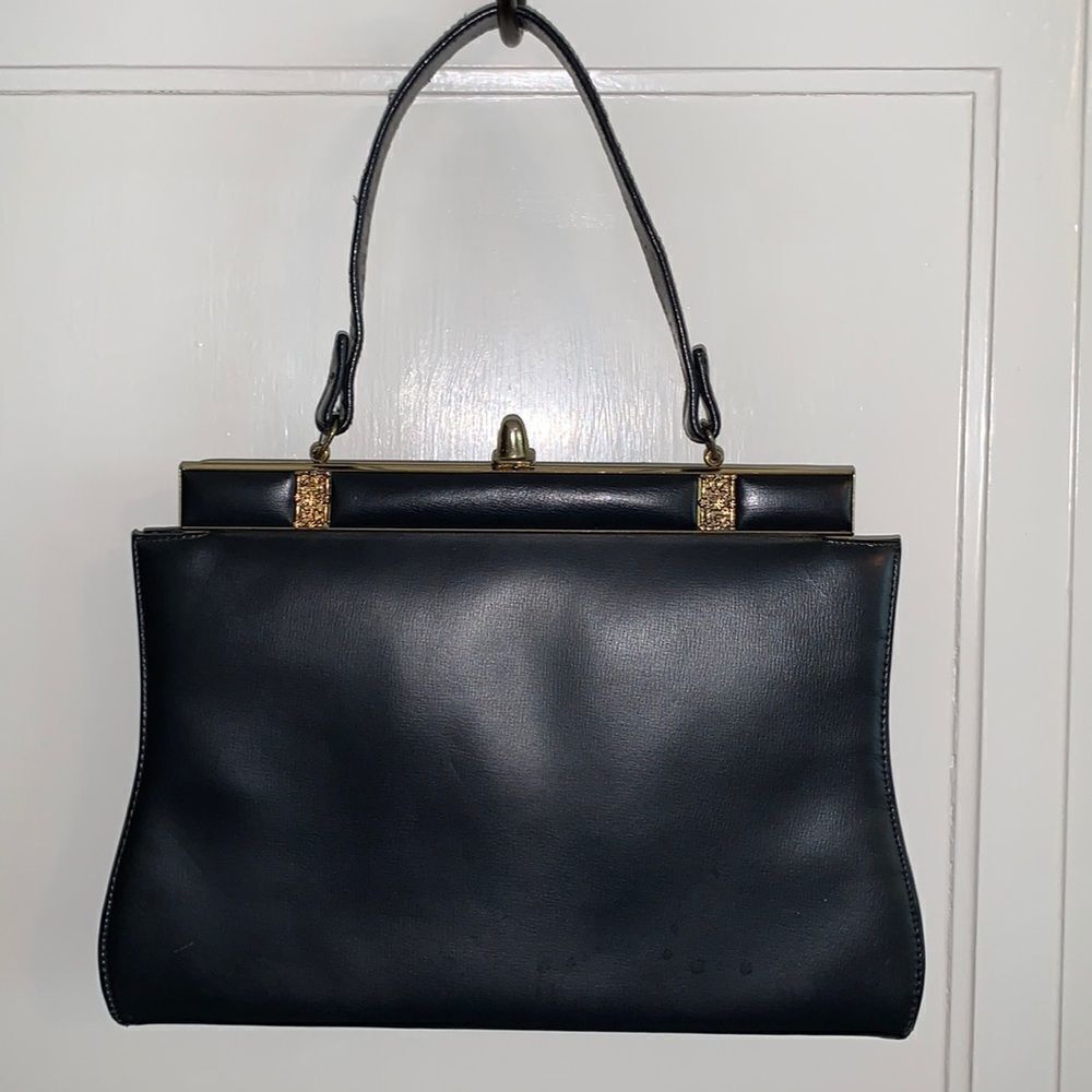 Vtg 60s dark navy snap top arm bag